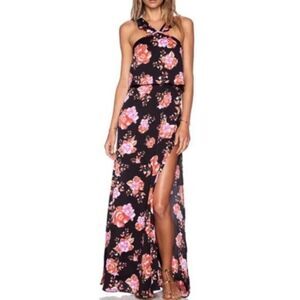 Tularosa Santorini Maxi Dress Women's Med Black Pink Floral Sleeveless Halter